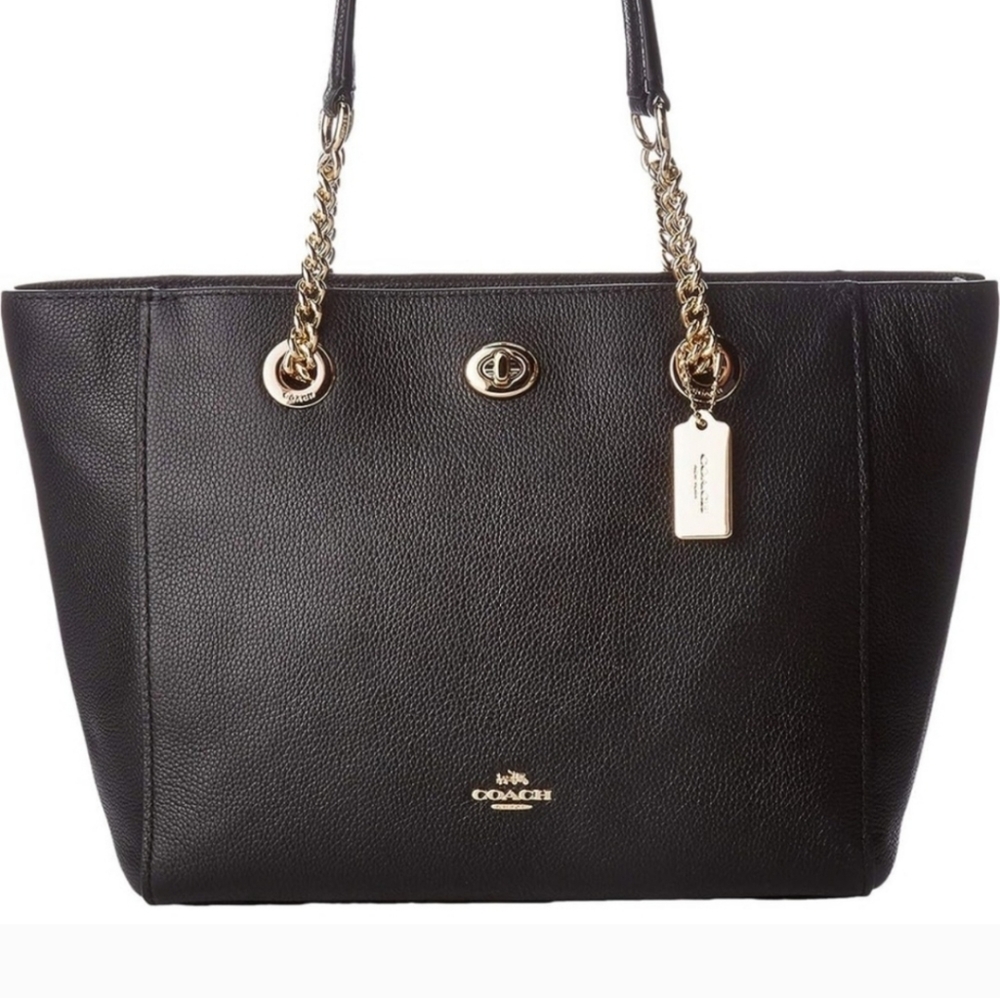 COACH 57107 Turnlock Chain Tote 27 BLACK Polished Pebble Leather With Dust Bag